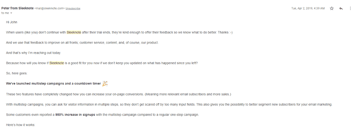 winback email sleeknote winback email sleeknote