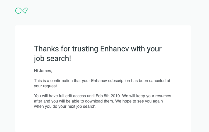 enhancv subscription cancellation email