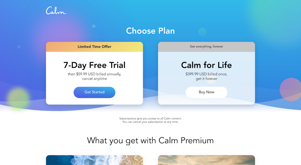 Activation model example: Calm pricing page free trial