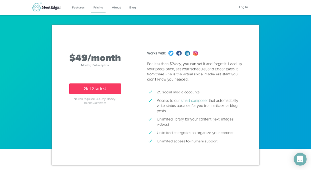 Activation model example: MeetEdgar pricing page money back guarantee