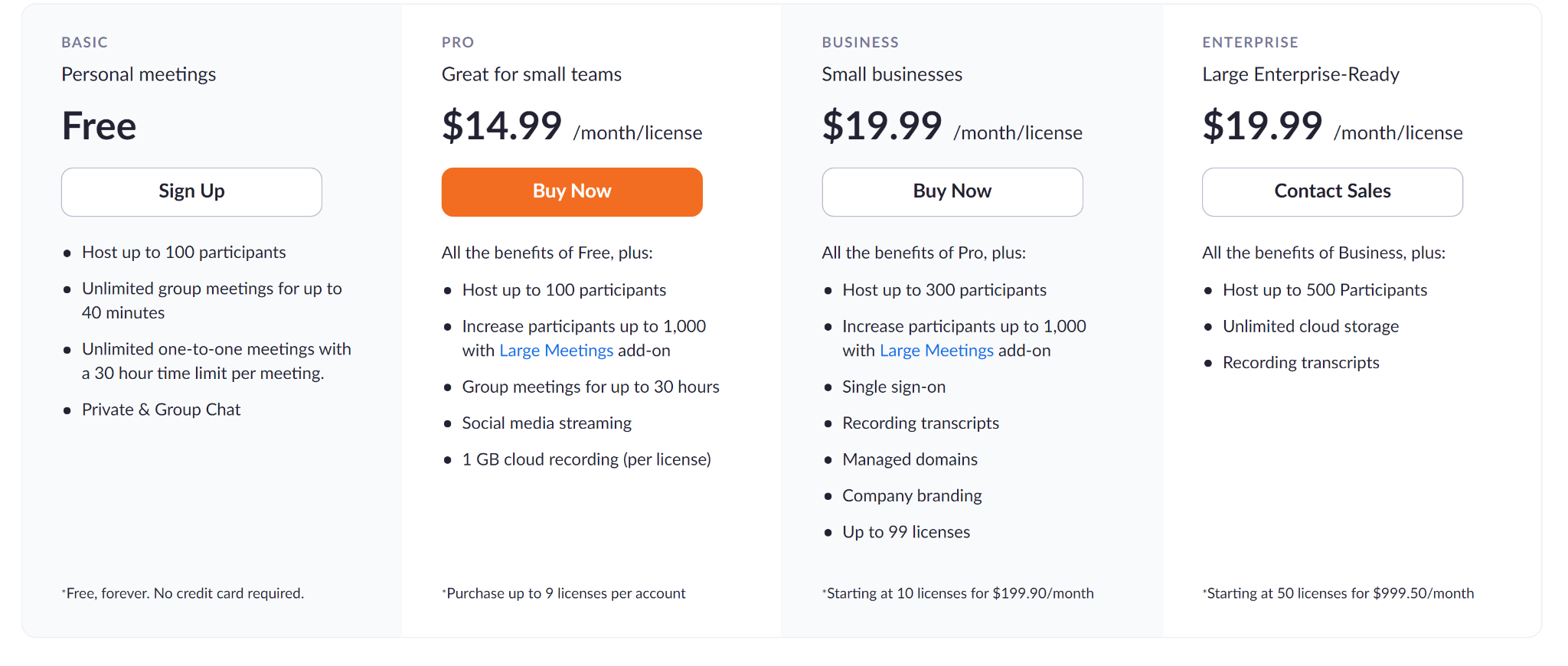 Zoom’s pricing page